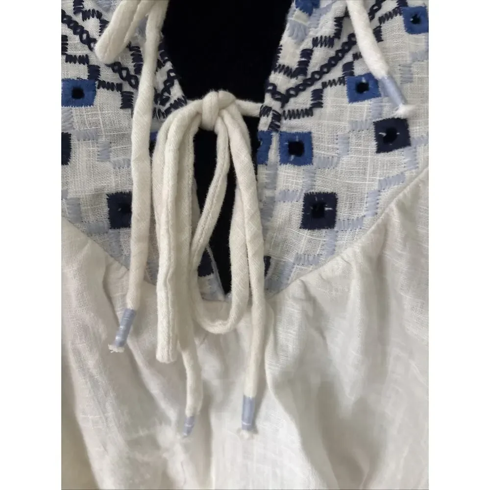 FREE PEOPLE Joni Top S Boho Embroidered Shirred Puff Sleeve Cropped Linen Blu Wh